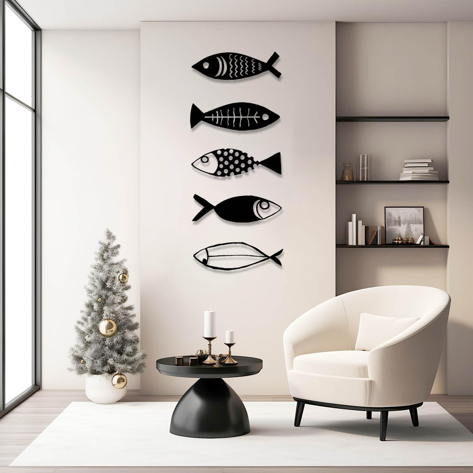 Metalowa, czarna sztuka ścienna z rybą, metalowa, minimalistyczna, oceaniczna, morska dekoracja ścienna, nowoczesna rzeźba z rybą do salonu, sypialni i przedpokoju (złoto, 35" x 15"