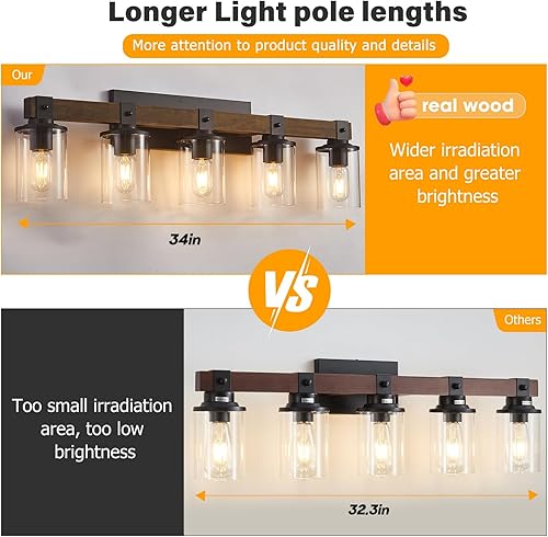 Miniatura 4 de Lámparas de baño rústicas de granja sobre el espejo, iluminación de tocador de madera vintage con vidrio transparente, lámpara de pared industrial