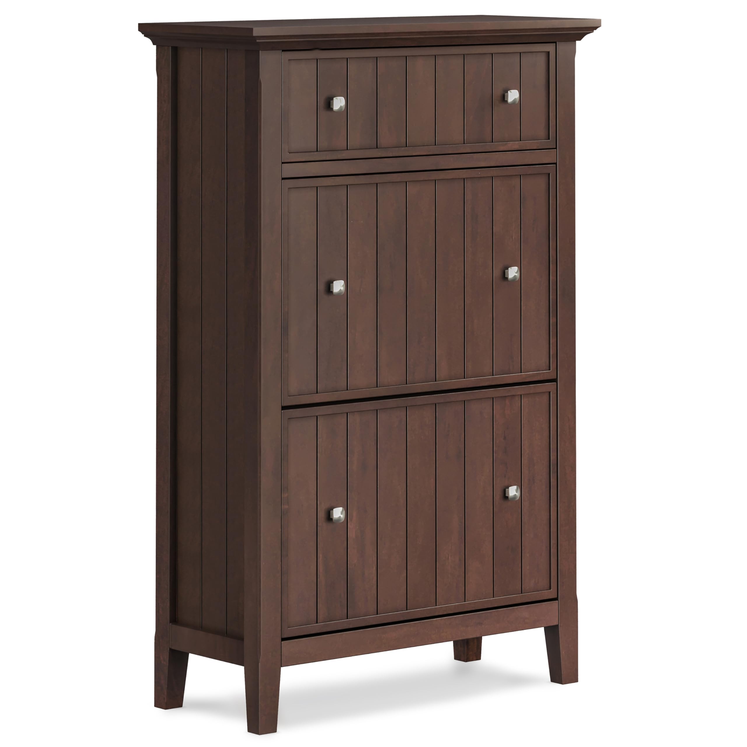 SIMPLIHOME Acadian Storage Cabinet - 32 inch Wide Solid Wood Entryway Shoe Storage Cabinet in Brunette Brown, Transitional Tilt-Out Shoe Organizer for