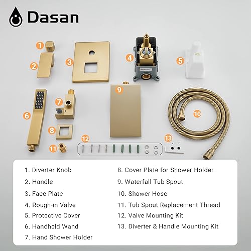 Miniatura 8 de DASAN SA-TF01WH-BG - Grifo de llenado de bañera en cascada con ducha de mano, moderno grifo de bañera de oro cepillado con válvula de alto caudal en