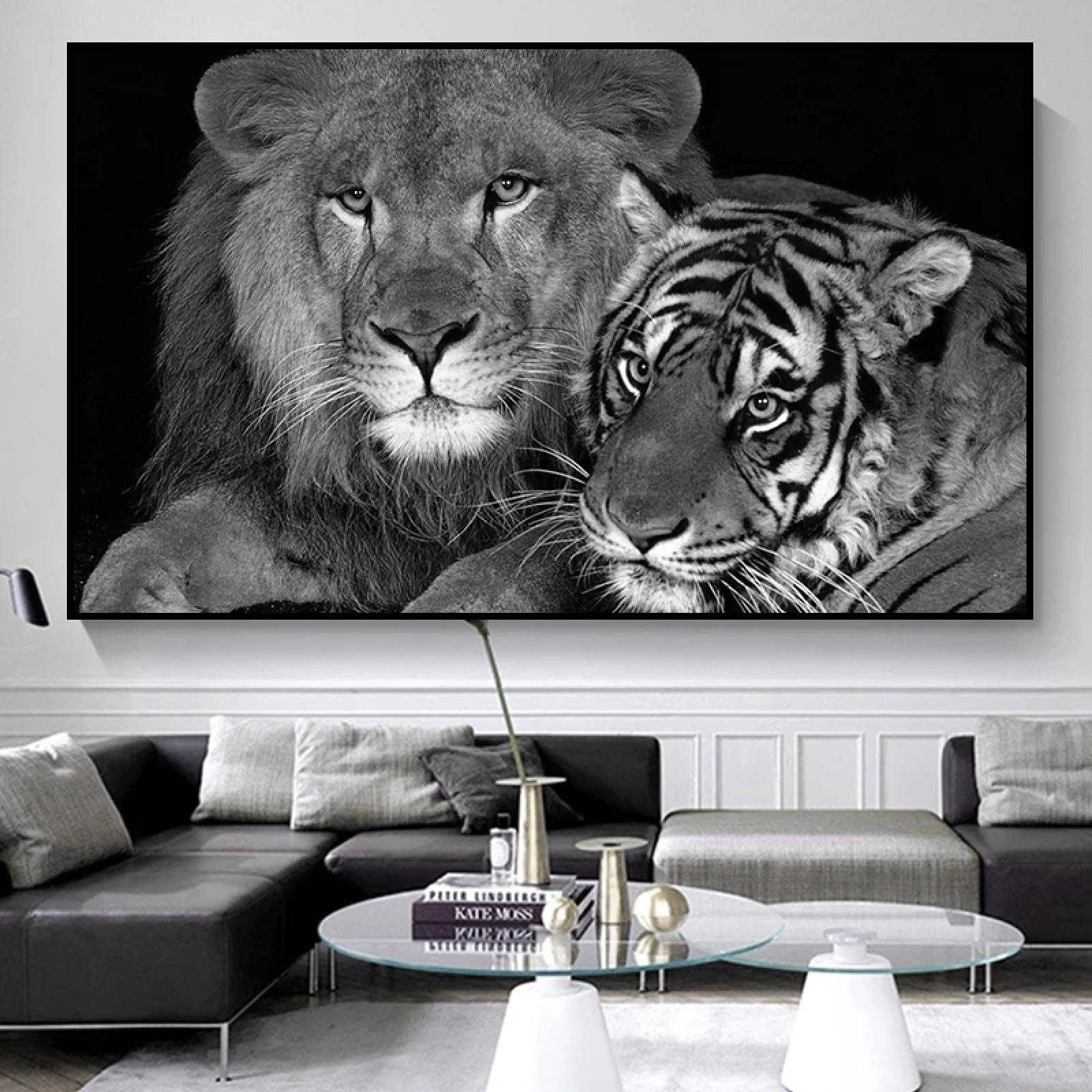 Yooyu Animales Arte de Pared Blanco y Negro León Tigre imágenes Lienzo Pintura Carteles e Impresiones póster decoración Moderna para el hogar 70x105cm sin Marco