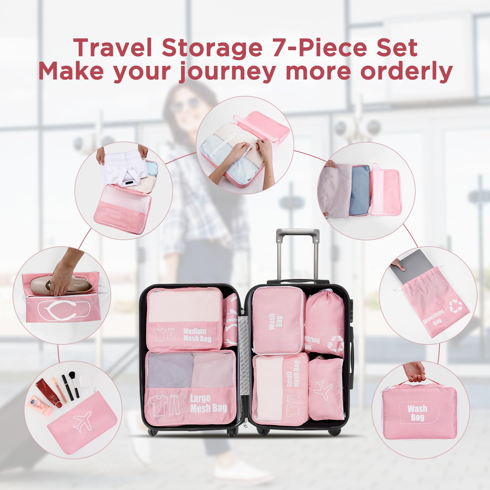AiQInu Organizer Valigie 7 Pezzi Set,Waterproof Packing Cube Set Viaggio Organizer per i Vestiti,Scarpe,Intimo