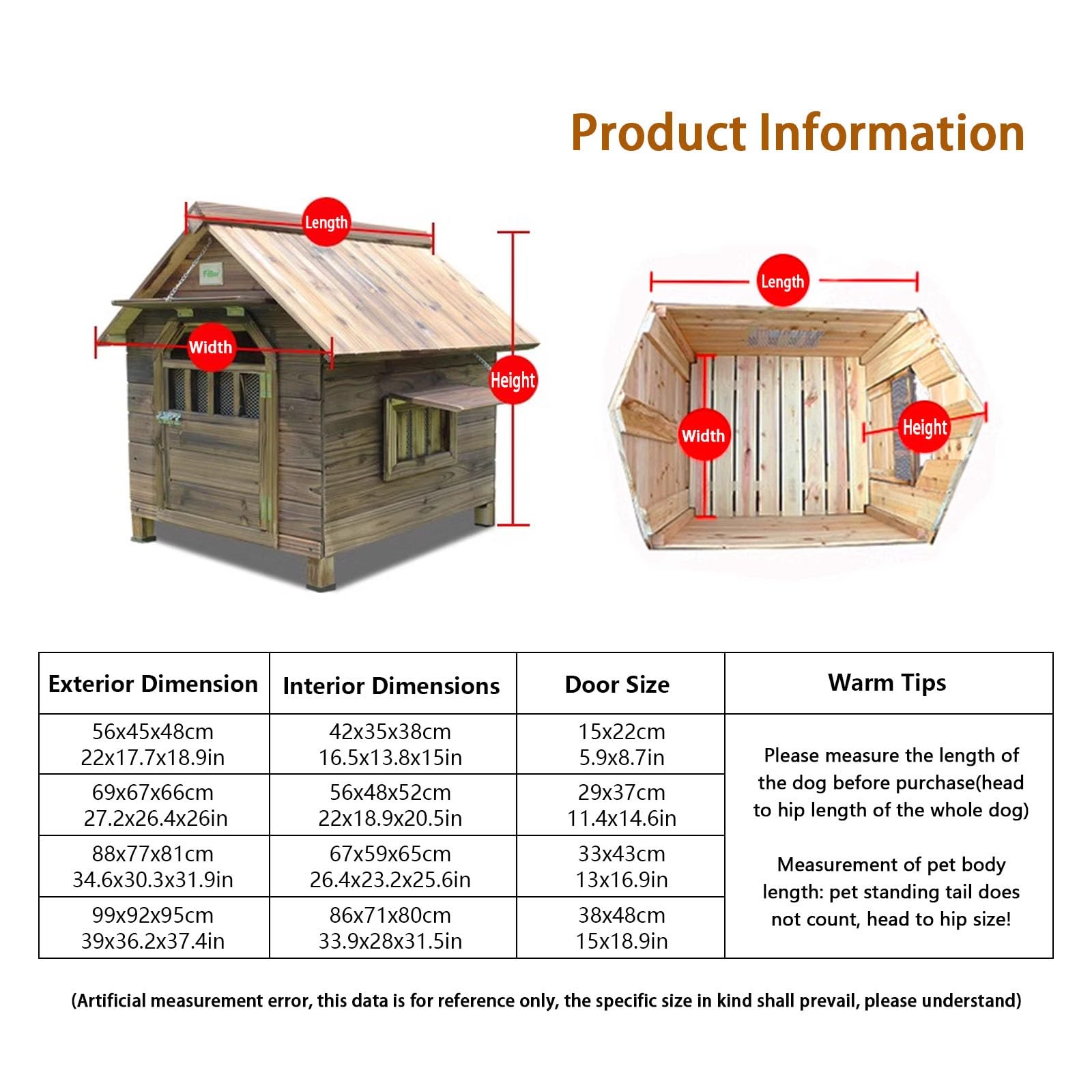 Hundehütte Outdoor große Hunde, hundehütte Holz, hundehütte isoliert, herausnehmbarer Boden, Hundehütte für den Außenbereich mit Sonnenblende für kleine, mittlere und große Hunde(56x45x48cm)
