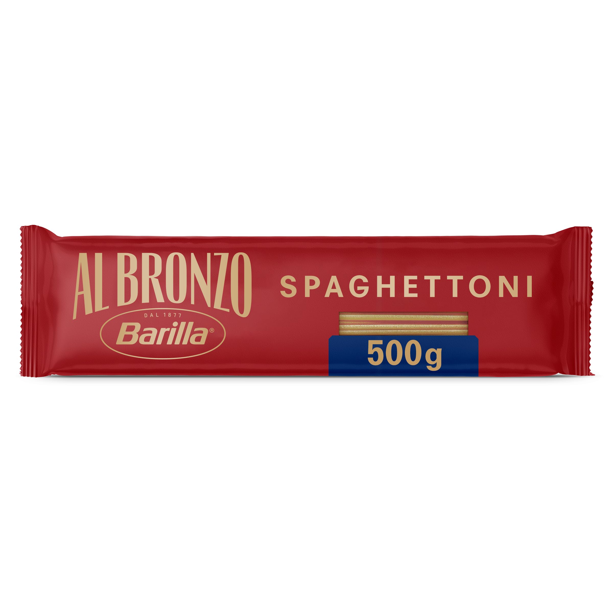 Barilla Pasta Al Bronzo Spaghettoni 100% Grano Italiano, Pasta Trafilata Al Bronzo con Lavorazione al Bronzo Grezzo, Ruvidità Intensa, Formato Spesso e Corposo, Alta Tenuta di Sugo e Cottura, 500 g