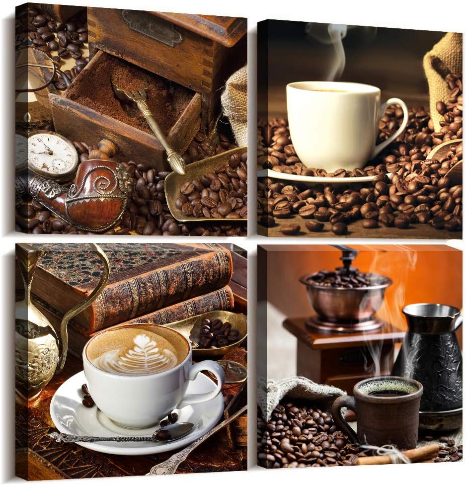 Kitchen Wall Art Decor Restaurant Canvas Art 4 piece set Coffee Bean Coffee Cup Canvas Prints wall decor for dining room coffee shop Artwork Pictures Watercolor painting Modern Home Decoration
