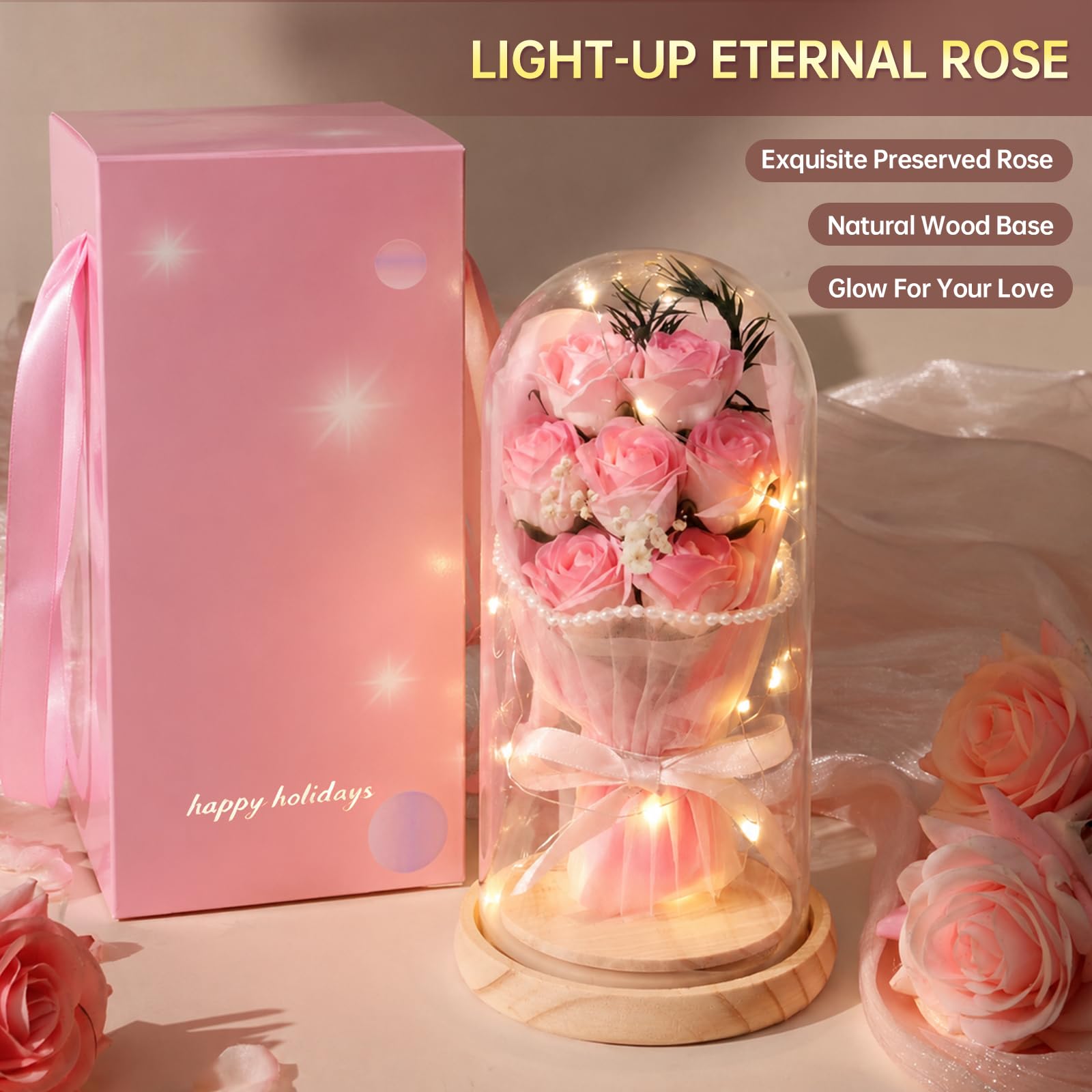 Regalos para mujeres, mamá, su amiga, hermana, esposa, rosa eterna iluminada y vela, cesta de regalo relajante para el cuidado personal, regalo de spa, regalos de cumpleaños y Navidad