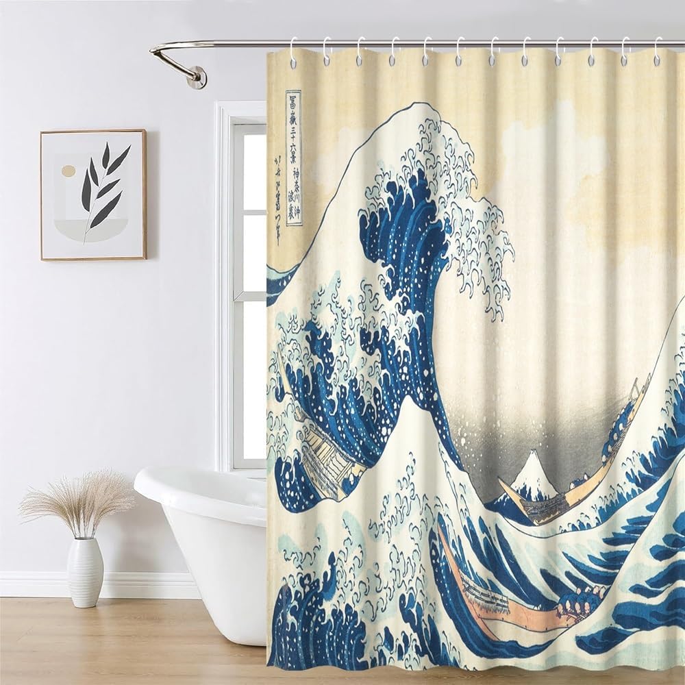 69x70 Inch Japanese Anime Shower Curtain for Bathroom The Great Wave of Kanagawa Modern Blue Ink Painting Bathroom Set Decorations Watercolor Waterproof Polyester Fabric with Hooks