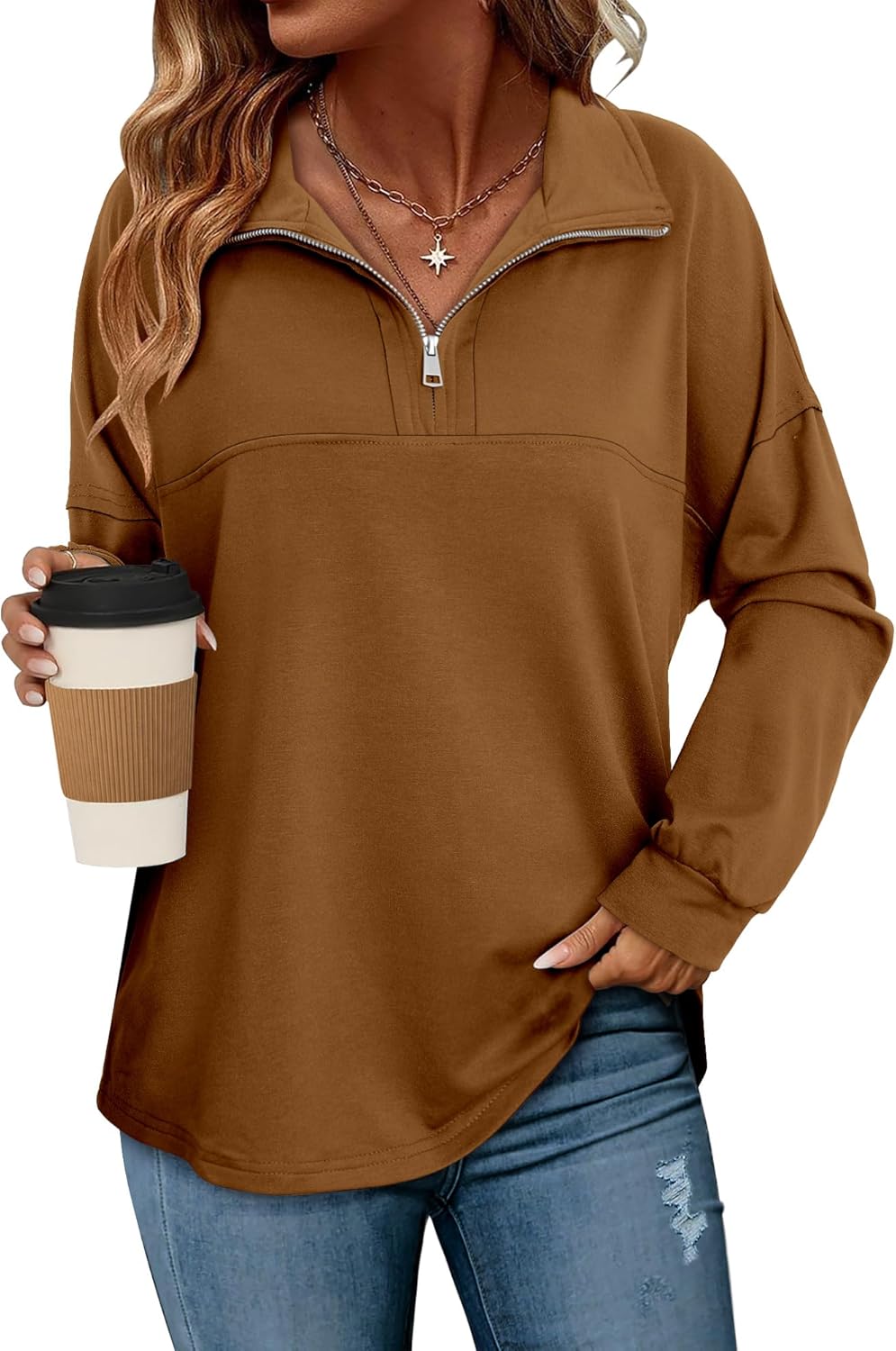 Magritta Womens Sweatshirt Casual Loose Fit Waffle Knit Half Zip Pullover Long Sleeve Lapel Tops - Image 4