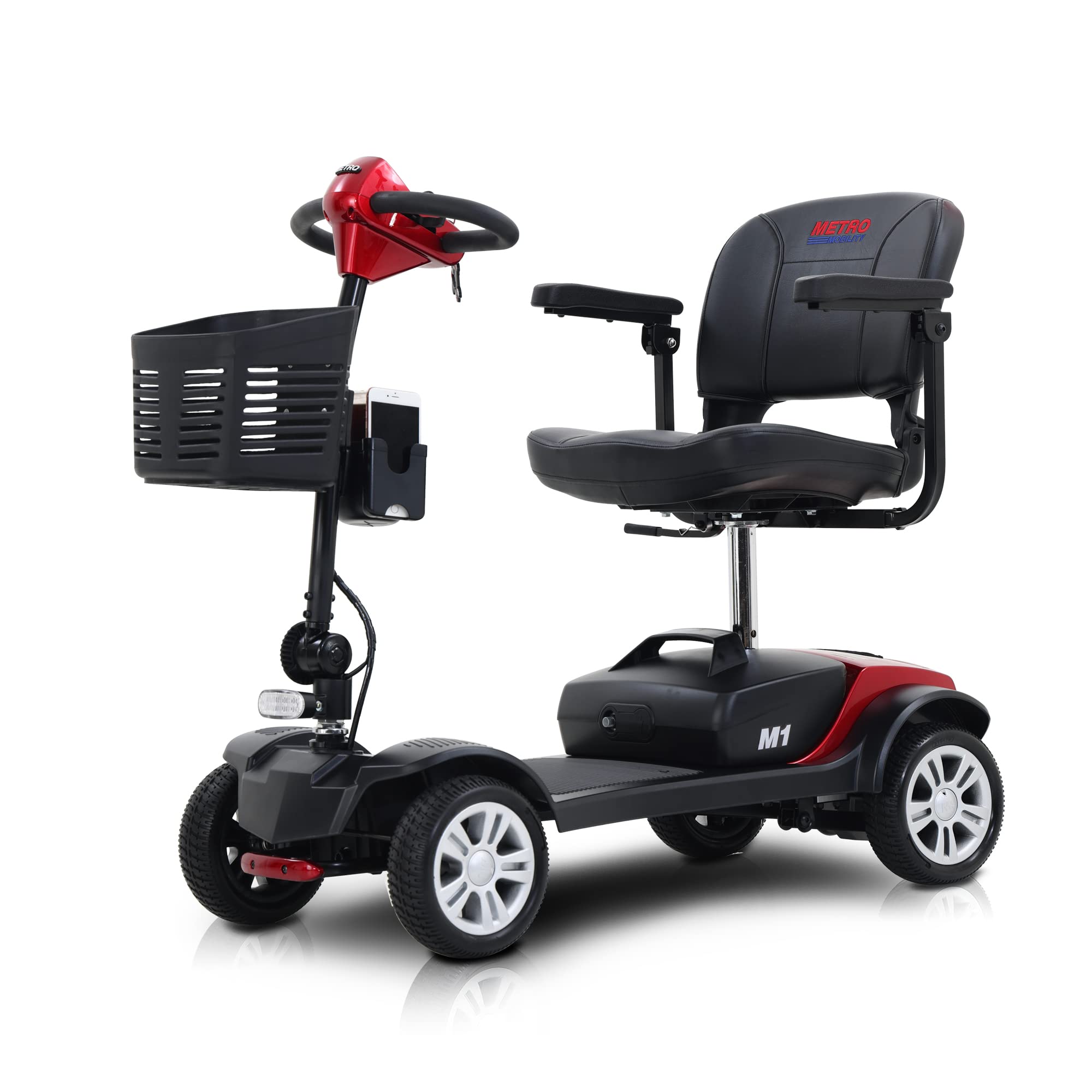 4 Wheeler for Adults?Mobility Scooter for Adults, Seniors. Red, Folding and Detachable, with Front and Rear LED Light, 2 in 1 Cup&Phone Holder, Long Lasting Distance, Electromagnetic Brake