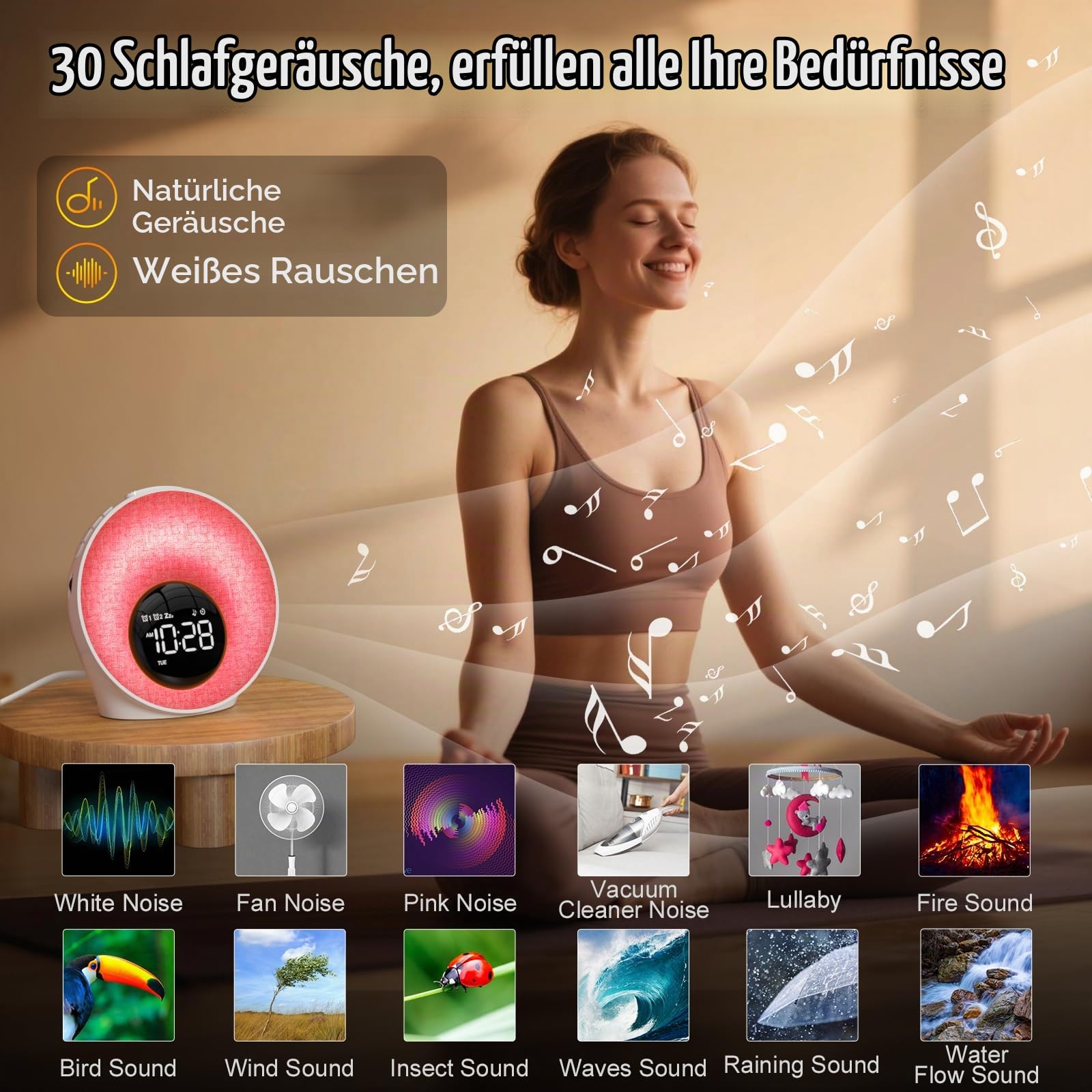 Tageslichtwecker, Lichtwecker Sonnenaufgang Wecker mit Licht,Wecker Digital | Mit 2 Alarme und Snooze, White Noise Machine mit 30 Schlafgeräusche, Nachttischlampe mit 20 Helligkeit, 8 Farblicht, Timer