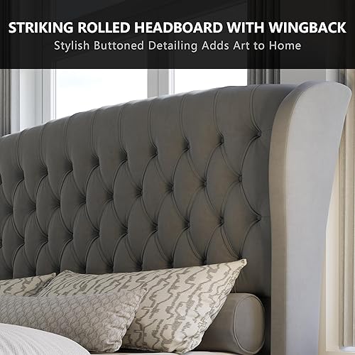 Miniatura 4 de AMERLIFE - Marco de cama tamaño King con plataforma, cama de estilo trineador tapizada en terciopelo con cabecero y pie de cama con alas onduladas y