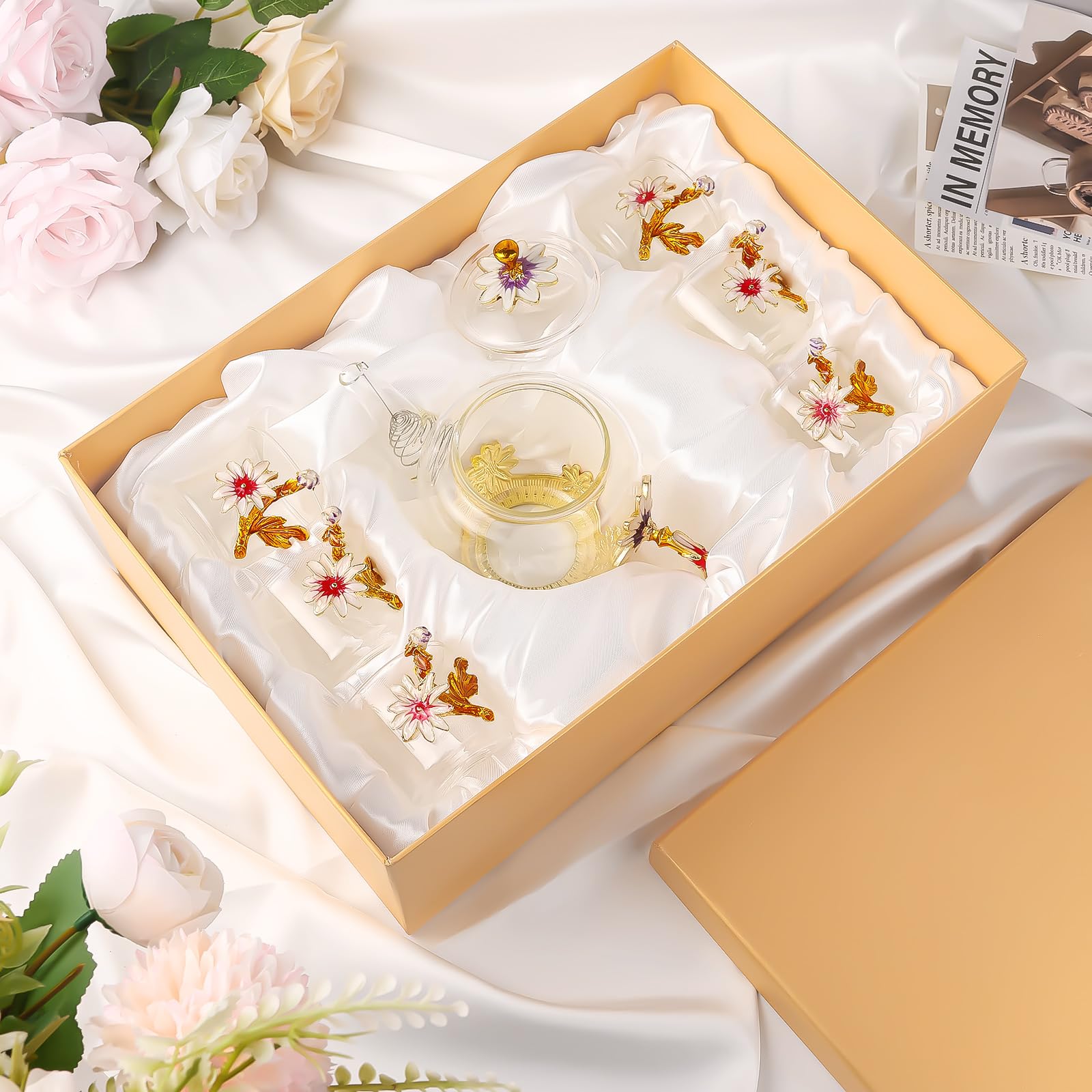 7-teiliges Teeset mit Blumenmotiv für Frauen, Vintage-Blumen-Teekannen-Set mit Geschenk-Box, Glas-Teekessel-Set, Glas-Teekanne, ausgefallene Teetasse, Blumen-Glastasse mit Untersetzern für