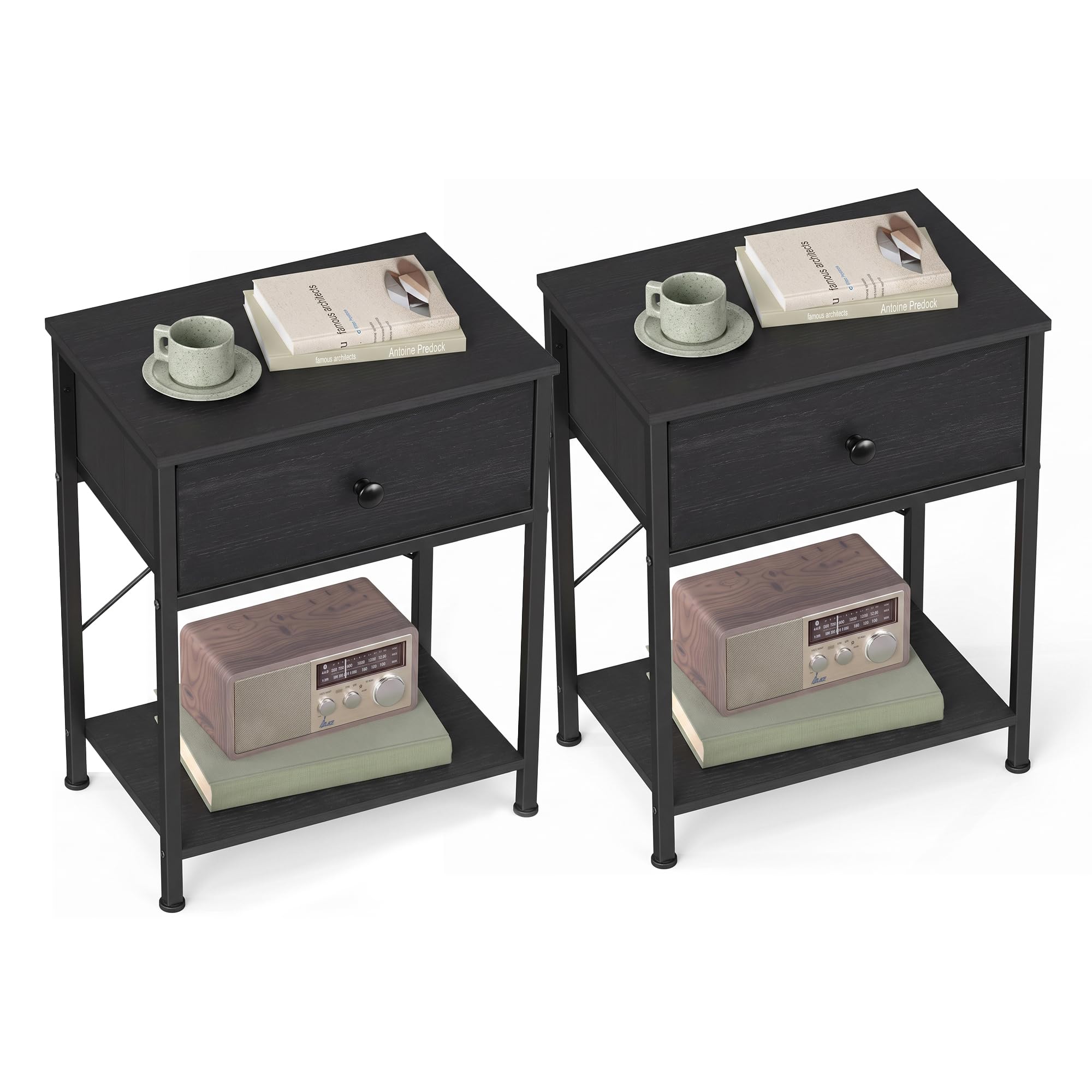A single SONGMICS nightstand with a drawer and open shelf, shown in a bedroom setting.