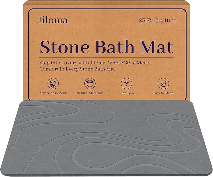 Stone Bath Mat Diatomite Stone Mats for Bathroom Non-Slip Diatomaceous Earth Shower Mat Super Absorbent Bathroom Floor Mat Natural Easy to Clean(24 * 16 Grey)