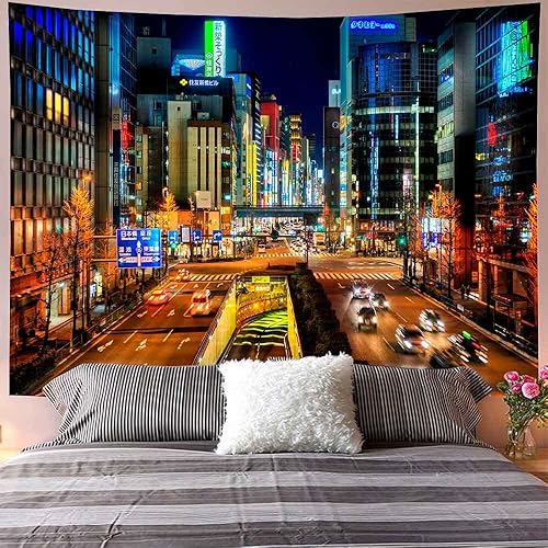 Miniatura 5 de Aidatain Tapiz japonés de ciudad urbana japonesa con vista de paisaje urbano de Japón, tapiz de pared de escena nocturna de Tokio, tamaño 93 x 71