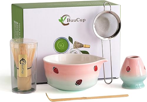 Miniatura 9 de Juego de Matcha Buucup, Juego de Cuenco de Matcha con Boca, Batidor de Matcha y Soporte, Cuchara de Bambú para Matcha y Tamiz de Acero Inoxidable -