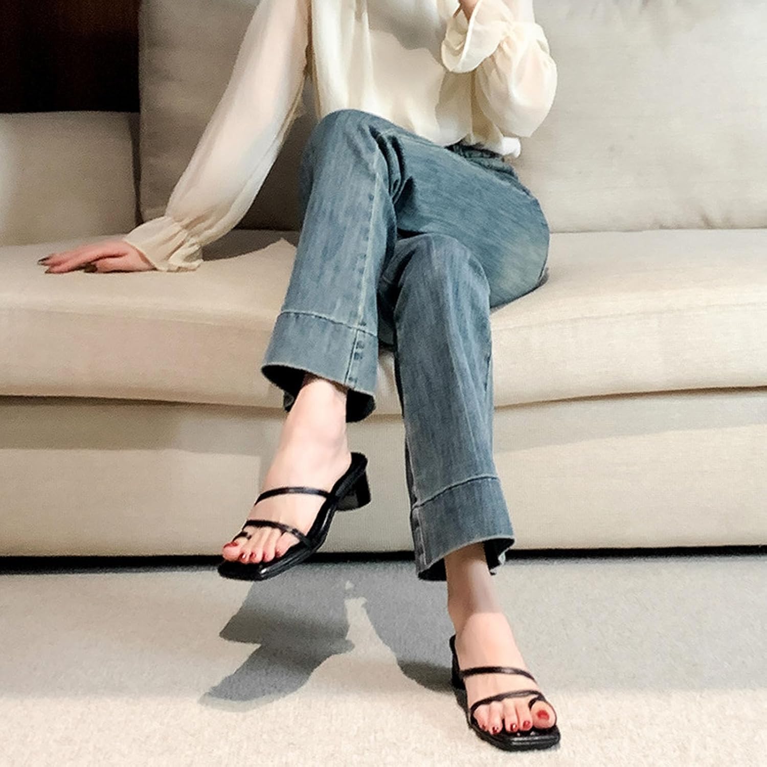 Women'S Open Toe Chunky Heel Strappy Sandals Fashion Square Toe Slip On Slides Mules Sandals For Summer For Outdoor Wear - Image 2