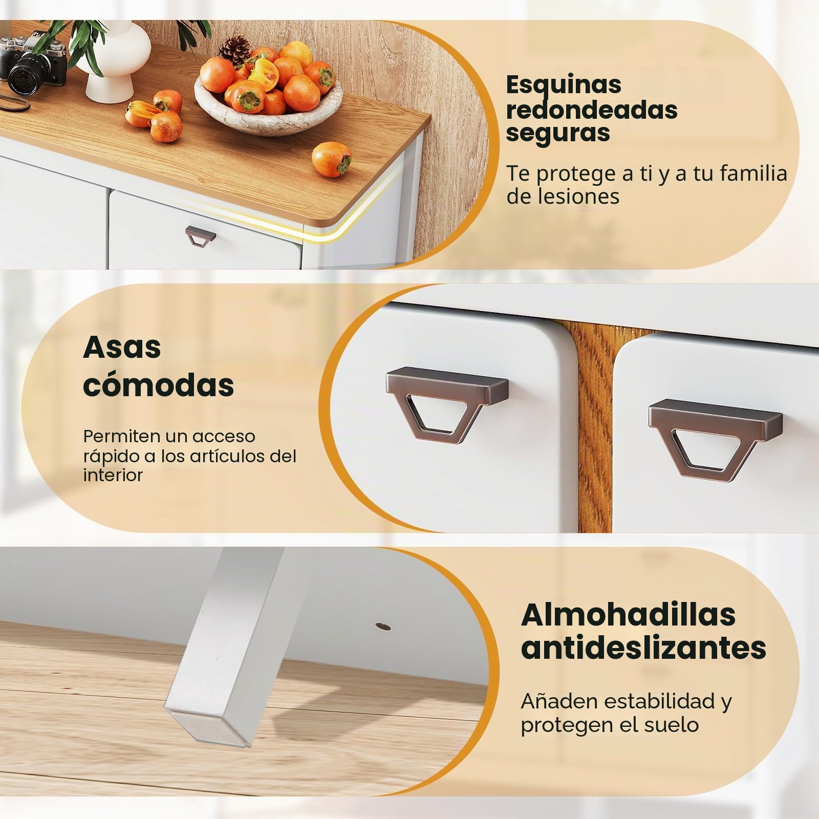 GIANTEX Aparador de Cocina de Madera, Armario de Almacenamiento con Estante Ajustable y 3 Cajones, Mueble Auxiliar con Kit Antivuelco y 2 Puertas, para Comedor, Salón, Natural+Blanco