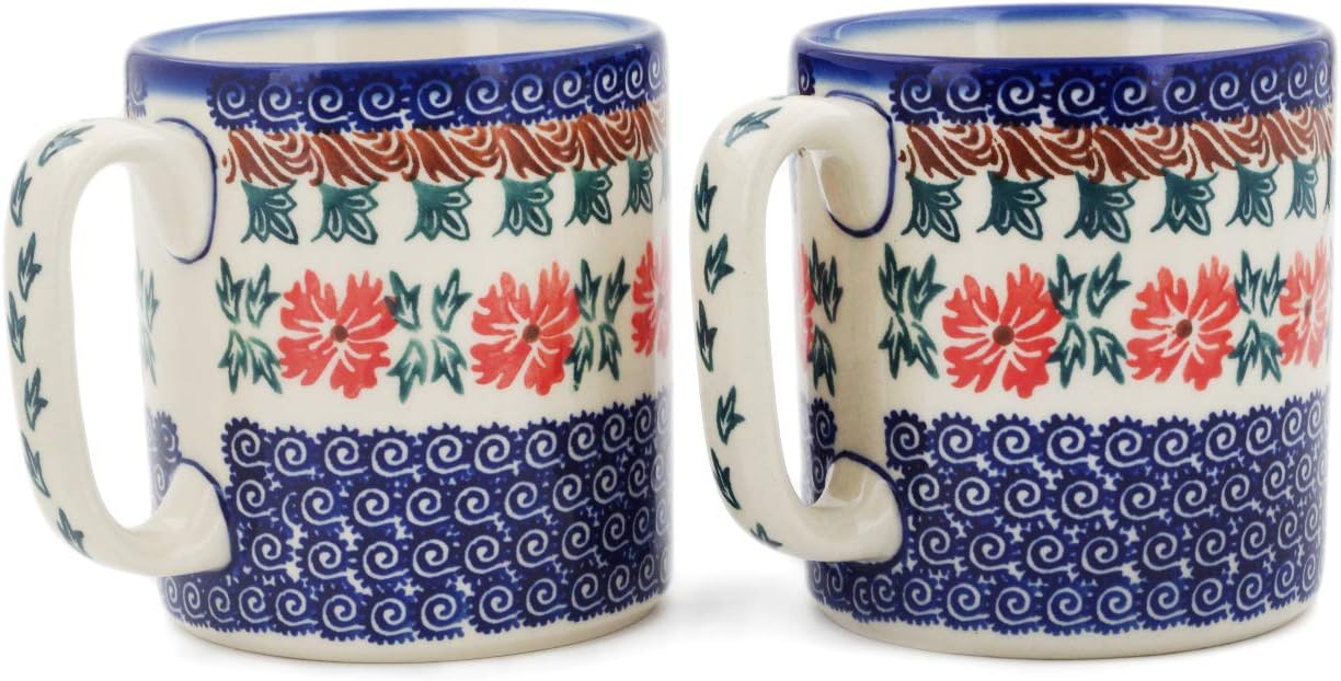 Polmedia Polish Pottery Set of 2 Mugs 24 oz - Red Cornflower Pattern Handmade in Boleslawiec Poland by Ceramika Bona + Certificate of Authenticity