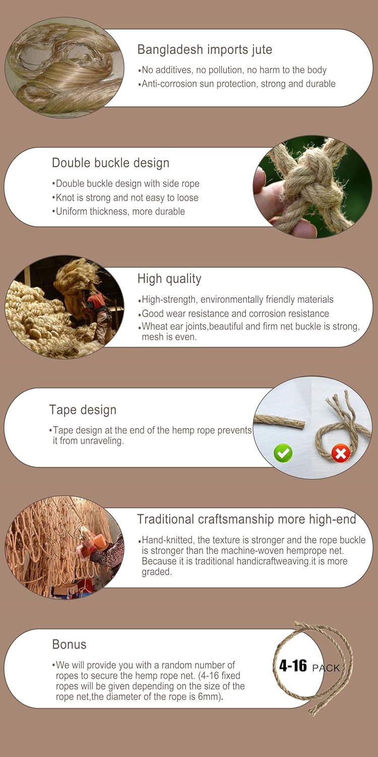 安全麻ロープネット キッズクライミングセーフティネット ツリーハウスクライミング 子供用ロープネッティング バルコニー 階段 フェン