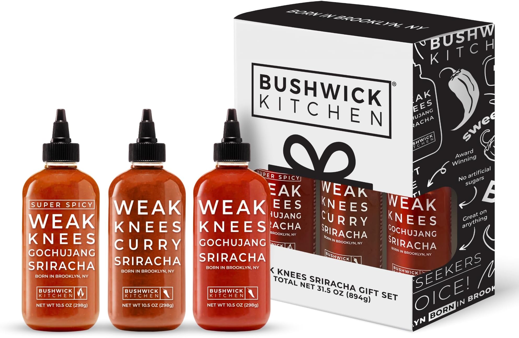 Bushwick Kitchen Sriracha Sampler Gift Box, Set Includes Gochujang Sriracha, Super Spicy Gochujang Sriracha, Curry Sriracha Hot Sauce, 5 Recipes, Chile Pepper Dish Towel, and Bushwick Kitchen Gift Box