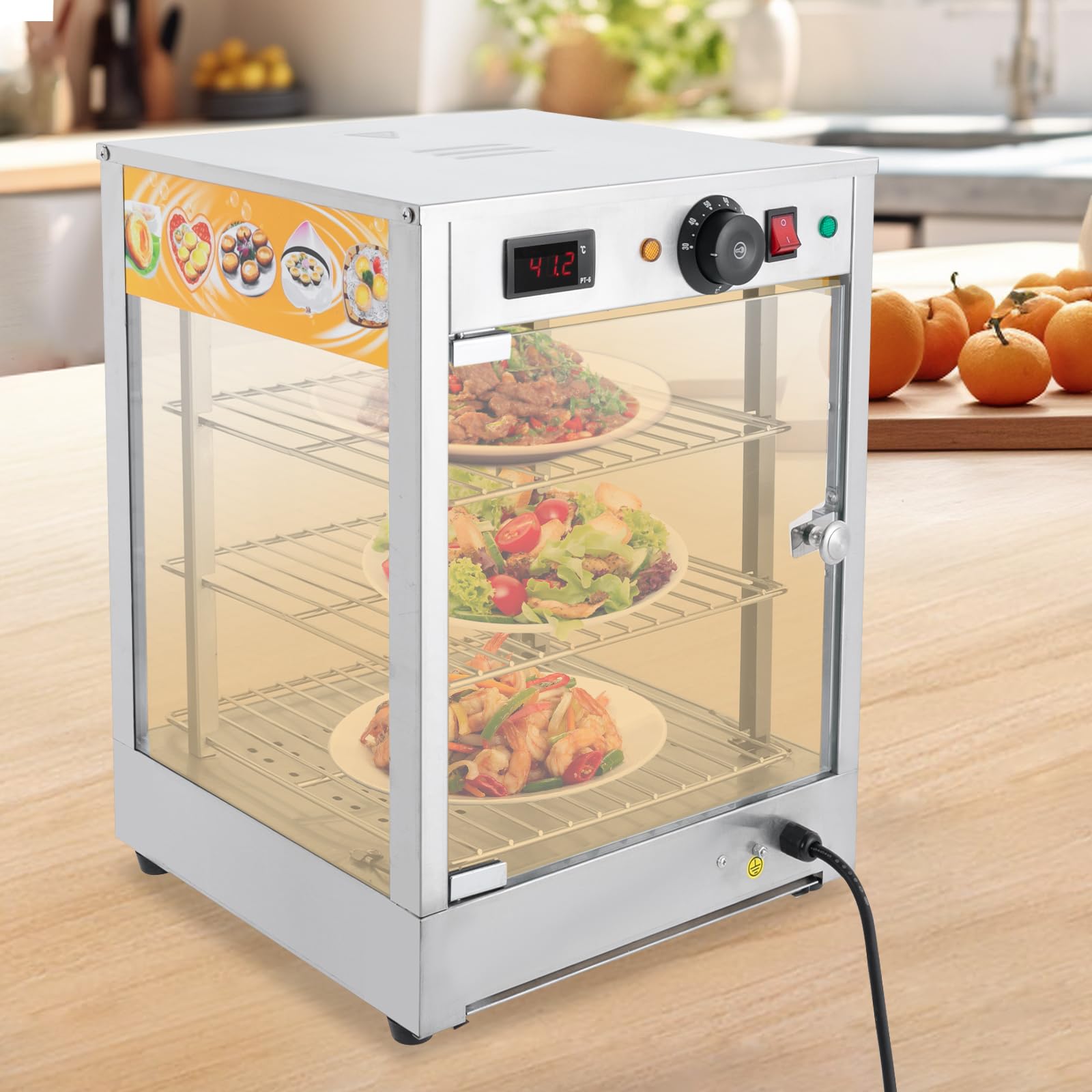 800W Electric Comercial Found,Estantes desmontables de 3 pisos,Temperatura 86-185 ° F,Modo termostato,Iluminación Refrigeración y humidificación Plata 201 Acero inoxidable Vidrio Caucho Pizza Pastel