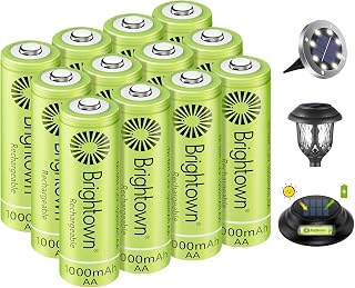 Brightown 12-Pack 1000mAh NiMH Rechargeable AA Batteries 1.2V - Pre-Charged for Solar Lights, Up to 1000 Cycles