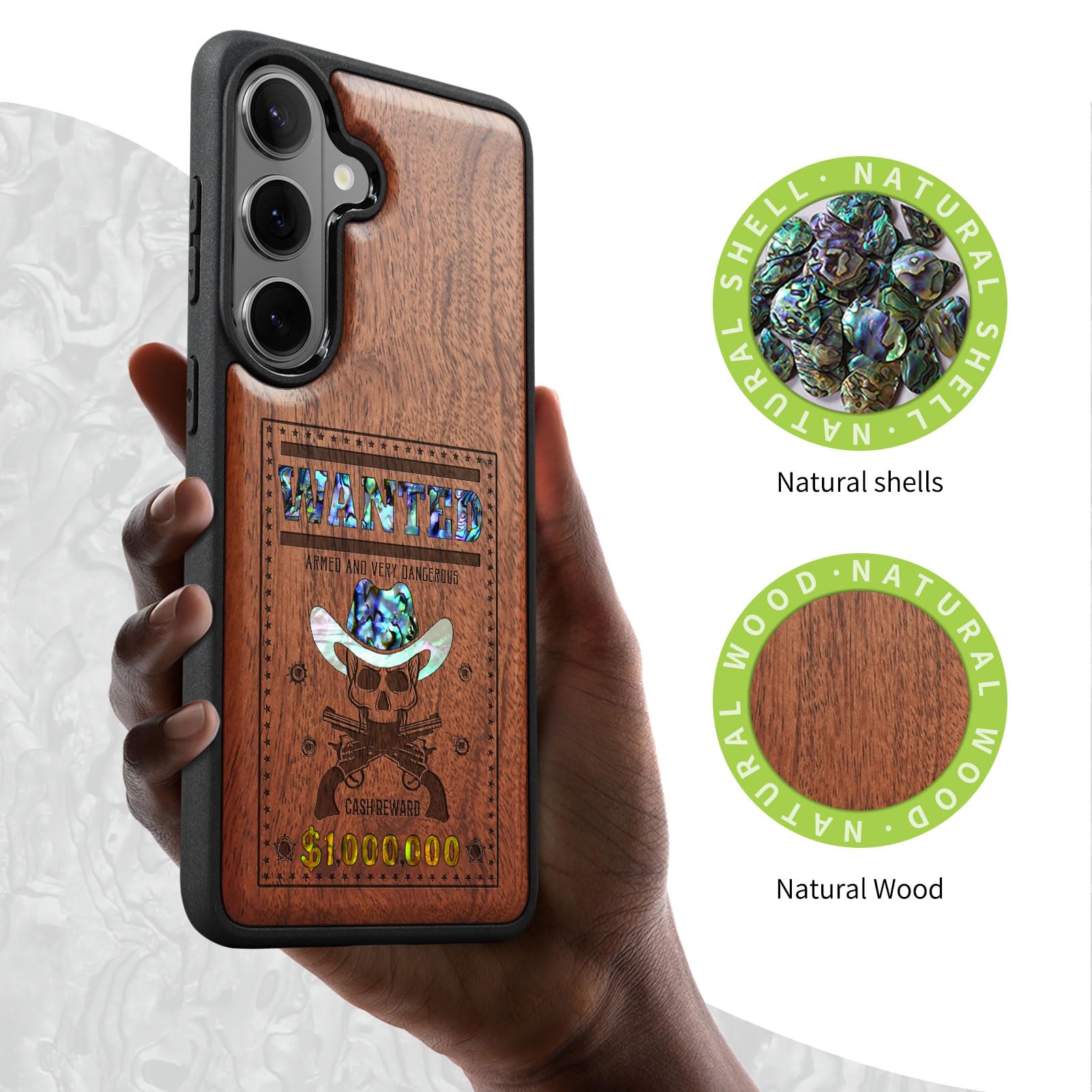 Carveit Drewniane magnetyczne etui na telefon komórkowy Samsung S26 [drewniany grawerunek i wkładka muszli] osłona zderzaka kompatybilna z Galaxy S26 Case (różowo-poszukiwana trupia czaszka)