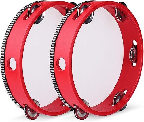Miniatura 104 de Flexzion Pandereta redonda de madera para niños y adultos de 10 pulgadas de una sola fila, 8 pares de jingles, instrumento de percusión de mano rojo