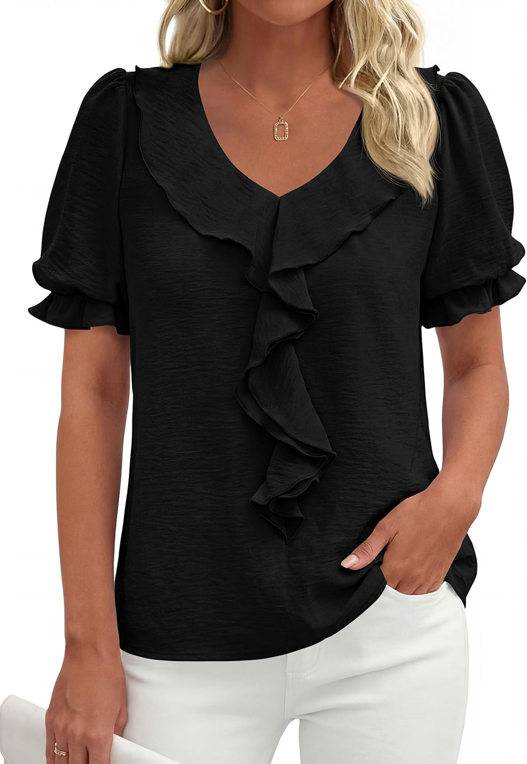 PRETTYGARDEN Women's Summer Dressy Casual Blouses 2026 Short Sleeve V Neck Ruffle Business Work Tops Trendy Spring Outfits - Image 7