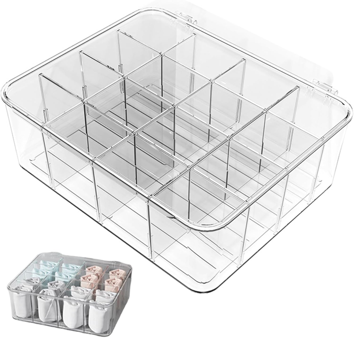 Underwear Organizer, 16 Compartments Clear Plastic Underwear Organizer 12x10x4 Stackable Storage Bins for Bras, Socks, Scarves, Ties and Belts