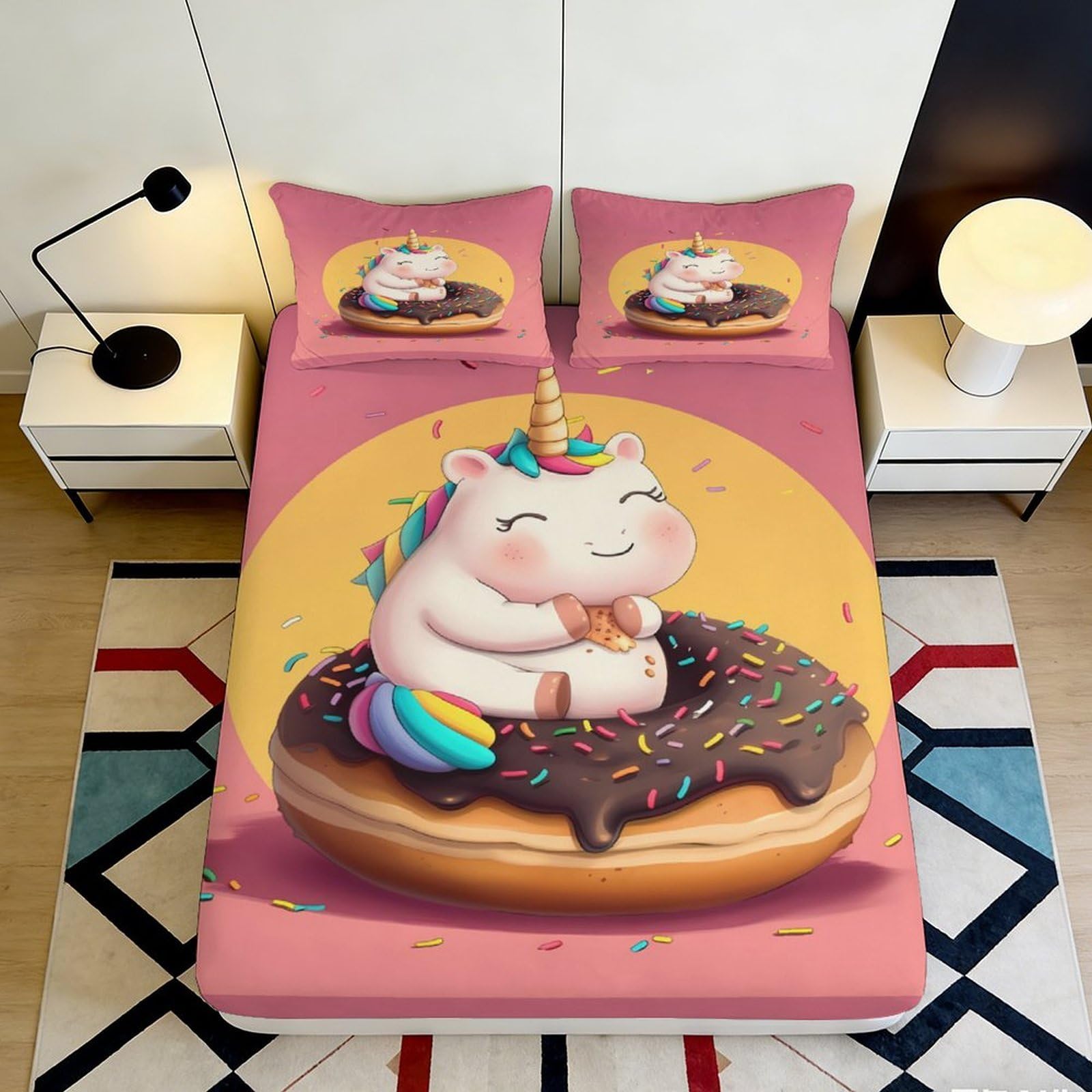 3D Printed Cute Unicorn Donut Fitted Sheet Microfiber Soft Breathable Cartoon Bed Cover for Bedroom Dormitory Guest Room Mattress Protection 140x200x25cm