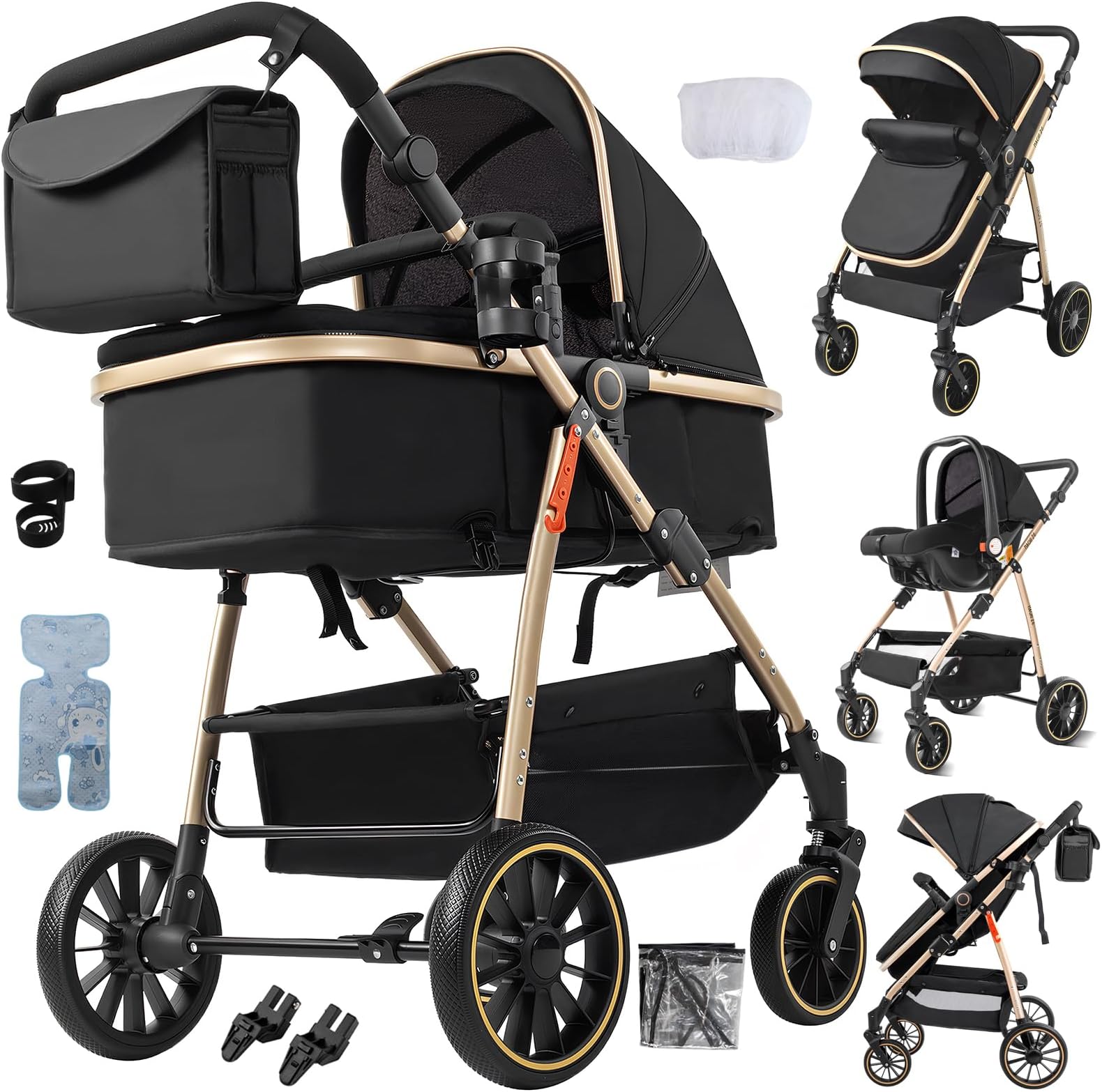 3 in 1 Baby Stroller Travel System, Pushchair 3 in 1 Set, Toddler Pram with Reversible Two Pushing Modes, Newborn Buggy Aluminum Frame, Infant Carriage One-Click Folding (V8 Black Gold)