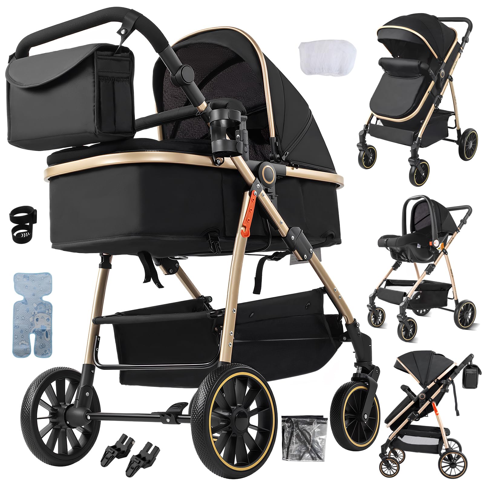 3 in 1 Baby Stroller Travel System, Pushchair 3 in 1 Set, Toddler Pram with Reversible Two Pushing Modes, Newborn Buggy Aluminum Frame, Infant Carriage One-Click Folding (V8 Black Gold)
