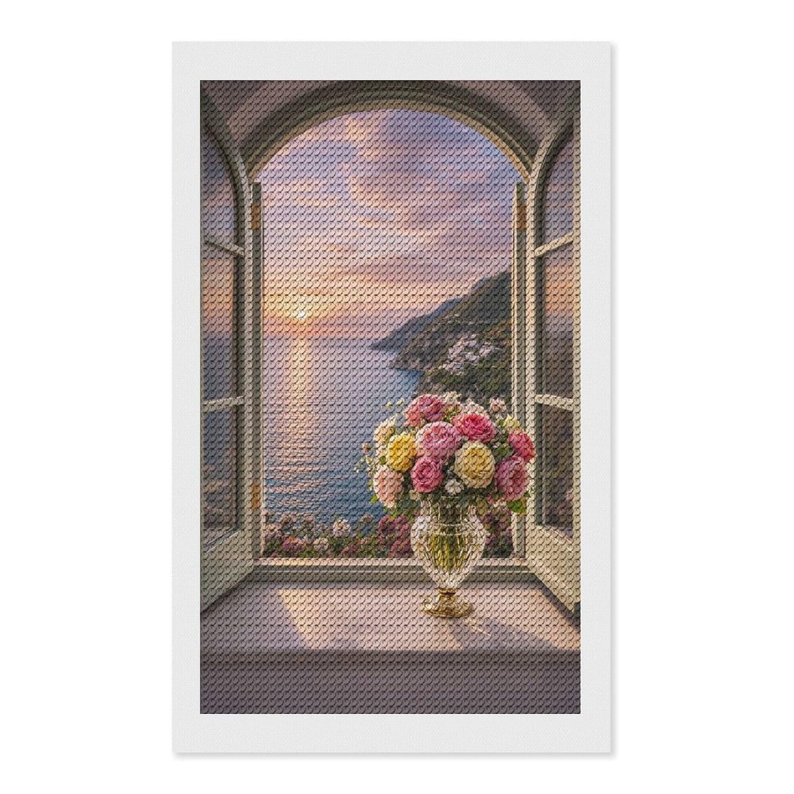 Junmoney Window View of Positano at Sunset with Roses Diamond Art Canvas 12"x20", Full Kit Included, Bedroom Decor, for Beginners, Thoughtful Handmade Gift