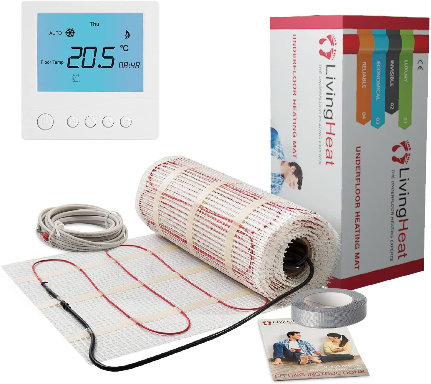 Underfloor Heating Mat Kit with Digital Thermostat 2.5sqm All Sizes Available. 150w/m2 Electric Under Tile Floor Heating with Lifetime Warranty and Next Day Delivery 2.5sqm White Digital Thermostat