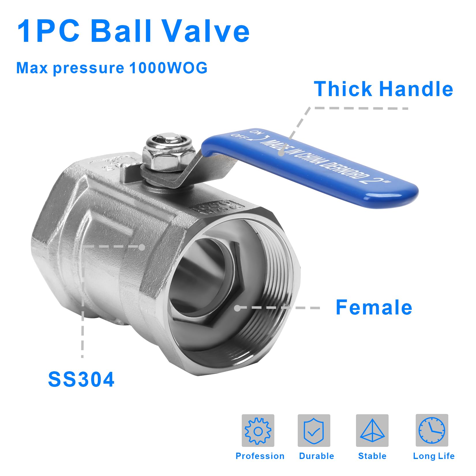DERNORD Válvula de bola de acero inoxidable, 1 pieza tipo NPT de 2 pulgadas, puerto estándar para agua, aceite y gas (válvula de bola de 2 pulgadas)