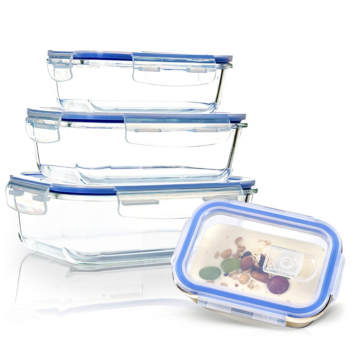 recipientes de vidrio herméticos con tapa estanca, set de 4 | envases reutilizables y apilables 370/640/1040/1520 ml - fuente de horno, fiambrera, fuente para gratinar