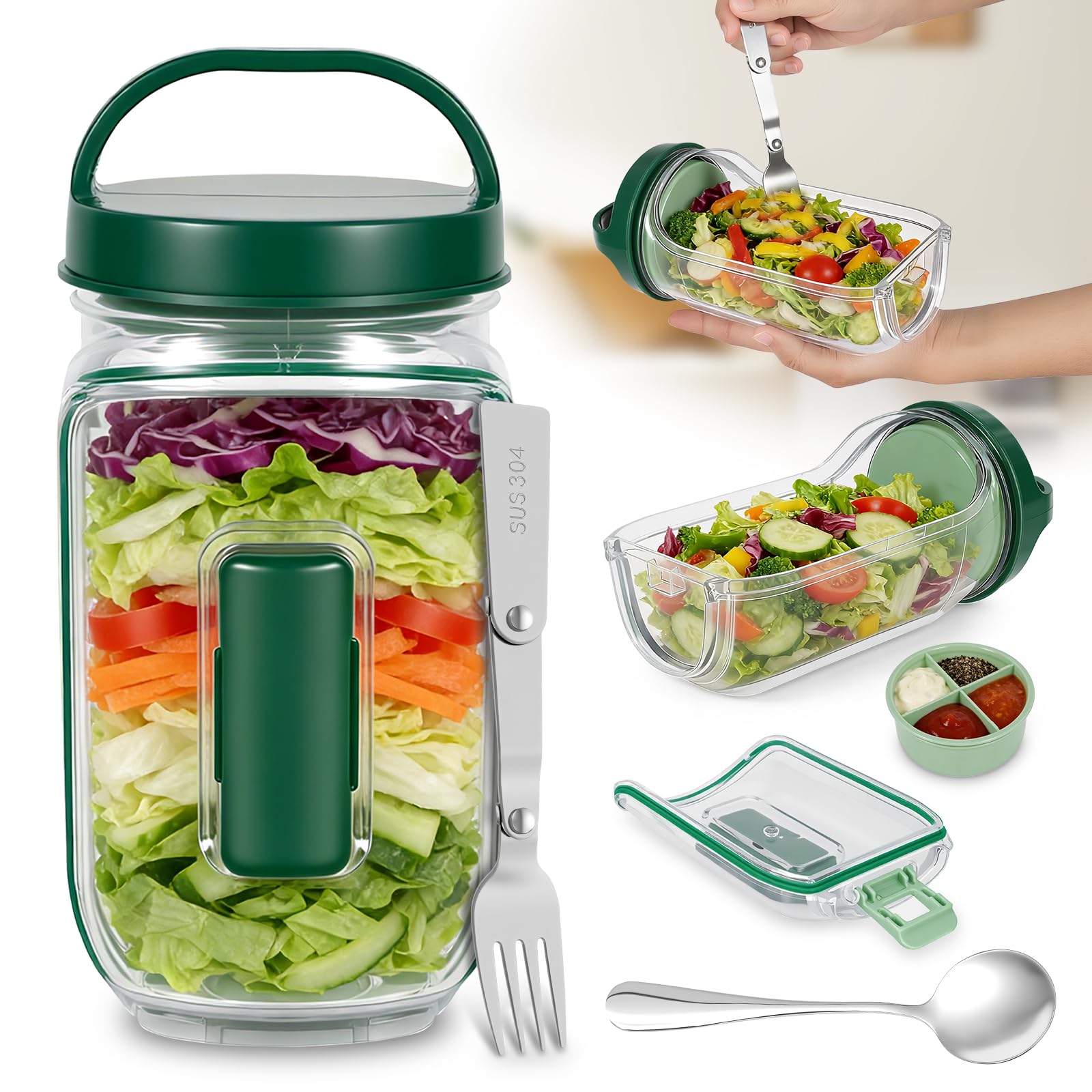 Bpyhebe Salad Mason Jar with Side Opening, 1L Salad Container with Dressing Compartment and Forks Storage, Sealing Portable Salads Pod for Lunch, Fruit, Grain Bowls, on the go