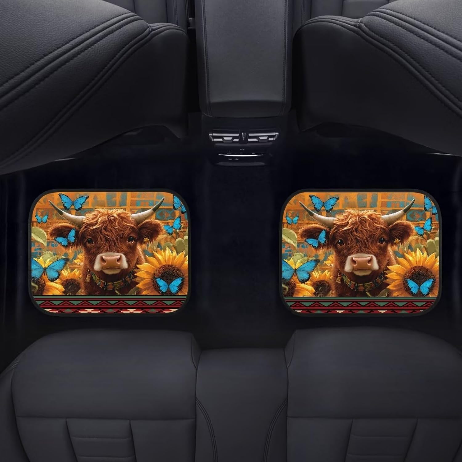 Wanyint Aztec Highland Cow Sunflower Butterfly 4 PCS Car Floor Mats for Car All Weather Protection Non-Slip Rubber Auto Rugs Car Accessories Universal Fit for Most Vehicles