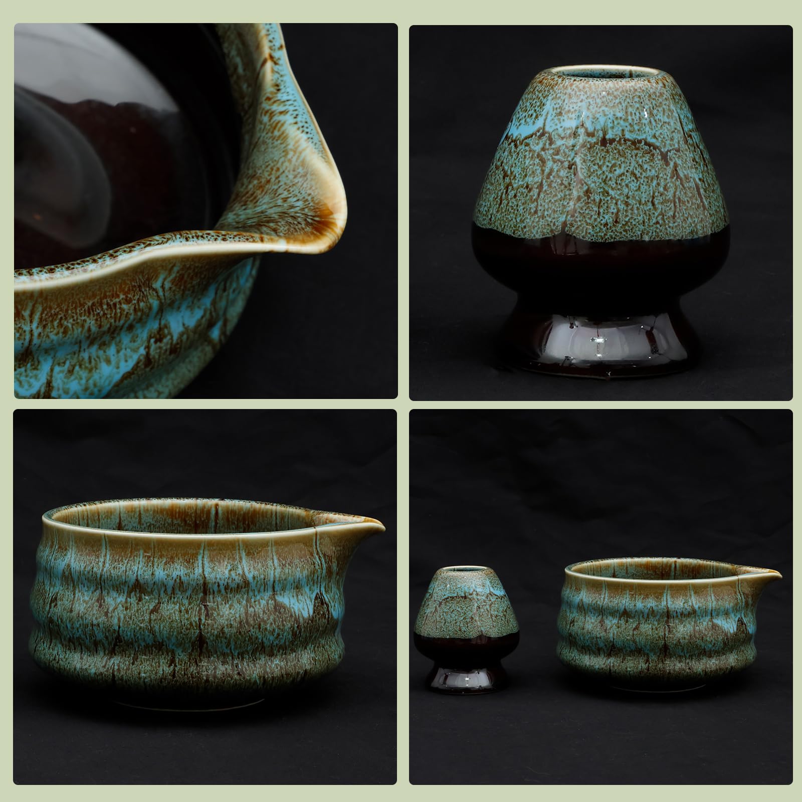 Lot de 5 accessoires à matcha avec pelle, mélangeur et support, bol à matcha en céramique, pour la préparation du matcha, bleu