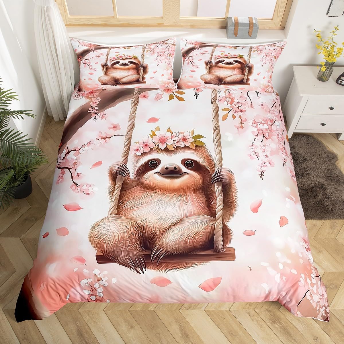 Cartoon Sloth Duvet Cover Set Toddler Size,Japanese Ukiyo-e Cherry Blossom Dreamy Bedding Set,Girls Women Room Decor,Cute Wild Animal Rustic Comforter Cover,Pink Quilt Cover,1 Pillowcase(No Filler)