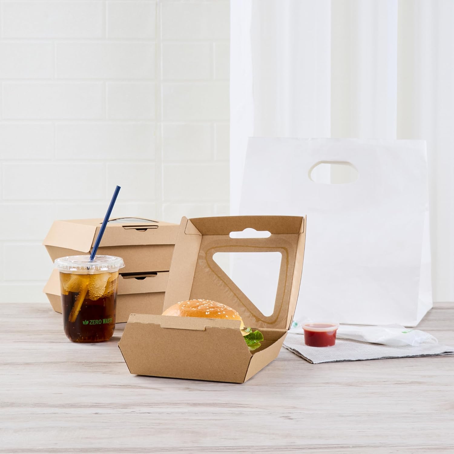 Restaurantware Clamshell Food Container 100 Count 5.41 x 5.5 x 2.63 Inches Paper Corrugated Take-Out Box Disposable Kraft Greaseproof Food Box For Burgers And Sandwiches