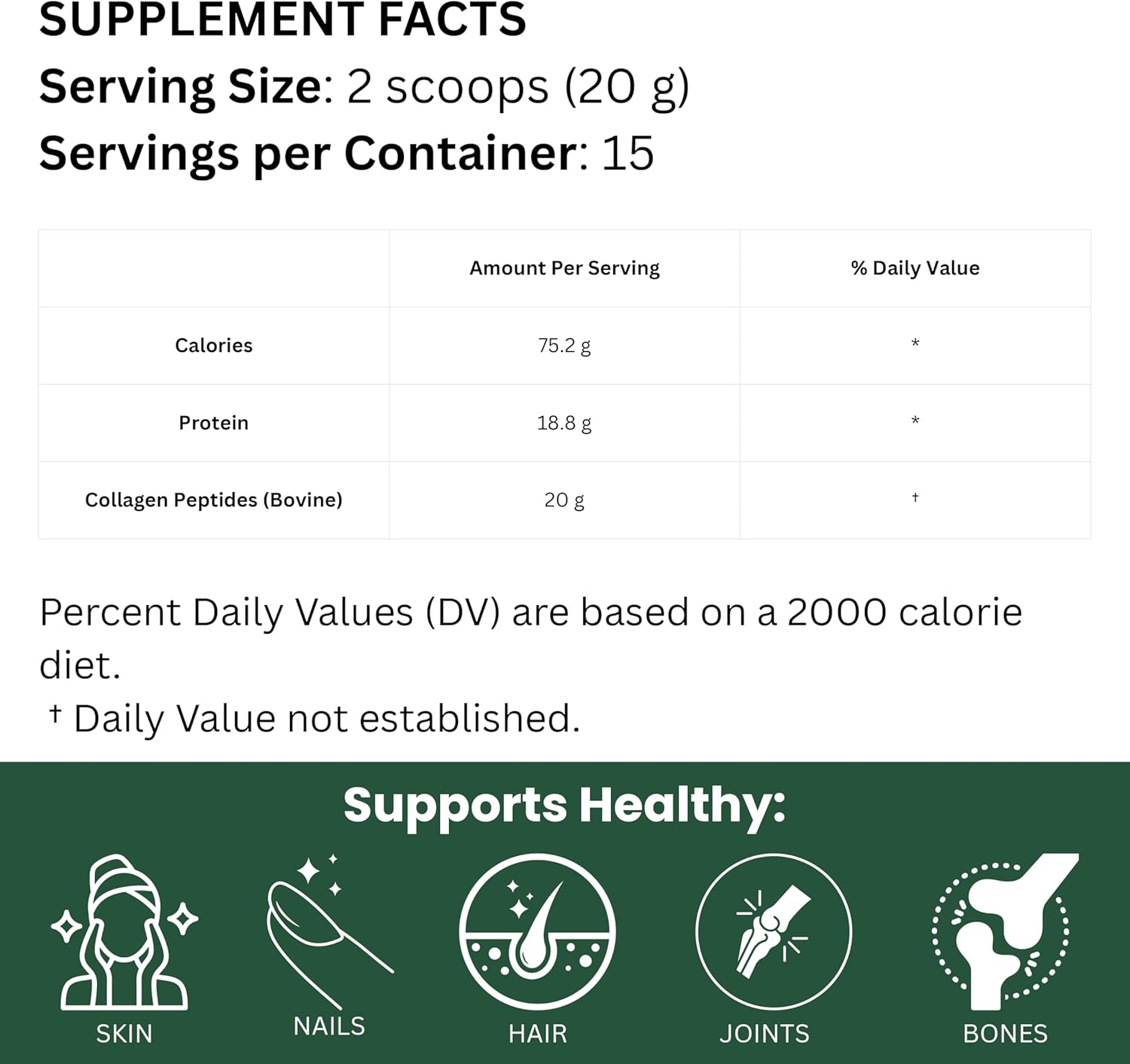 Hydrolyzed Bovine Collagen Peptides Powder – Easy-to-Mix Formula for Skin, Hair, Nails & Joint Health – 20 g per Serving, 2 Scoops, Non-GMO Supplement – Third-Party Lab Tested