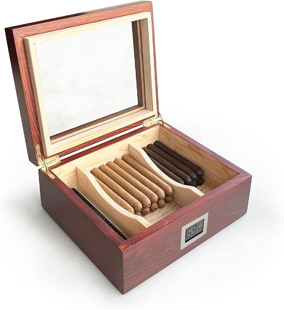 Shark Anatolia Mezmob Solid Native Cedar Tree Humidor Cigar Box Glass 2 Compartment Digital