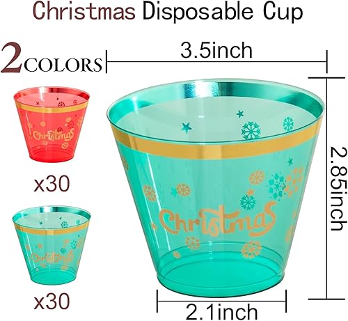 Miniatura 7 de WELLIFE 60 vasos de fiesta de Navidad de 9 onzas, vasos de Navidad desechables, vasos de plástico de Navidad con diseño de alfabeto dorado de 60