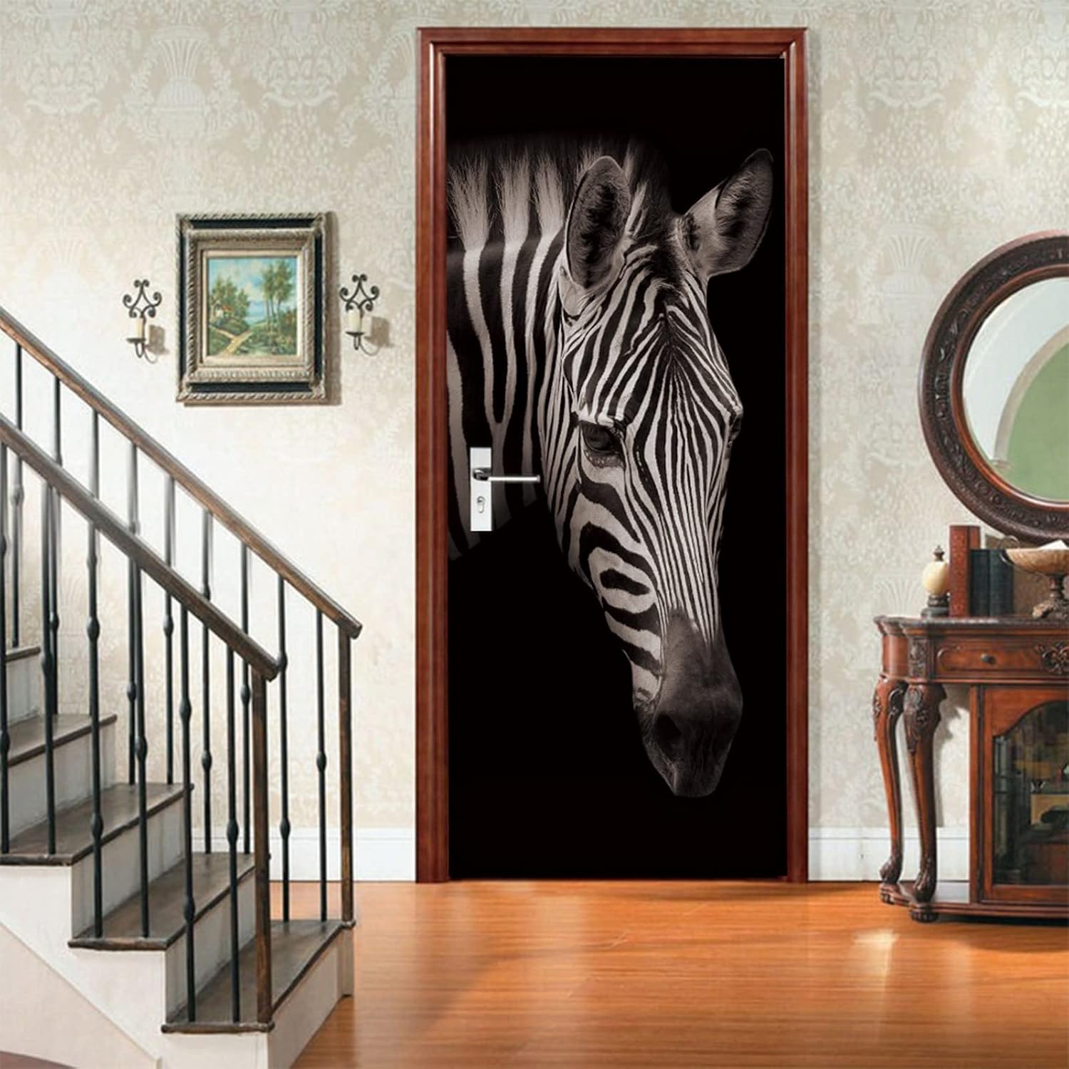 A.Monamour 3D Door Stickers for Interior Doors Head Portrait of Zebras Brown Mane On Black Background Vinyl Removable Self Adhesive Door Poster Wallpaper Mural Decals for Bedroom Office Bathroom