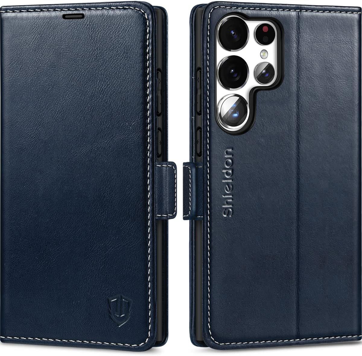 SHIELDON Wallet Case for Galaxy S23 Ultra 5G 2023, Genuine Leather Folio Magnetic Kickstand RFID Blocking Card Slots Shockproof Phone Cover Compatible with Galaxy S23 Ultra 6.8" - Retro Dark Blue