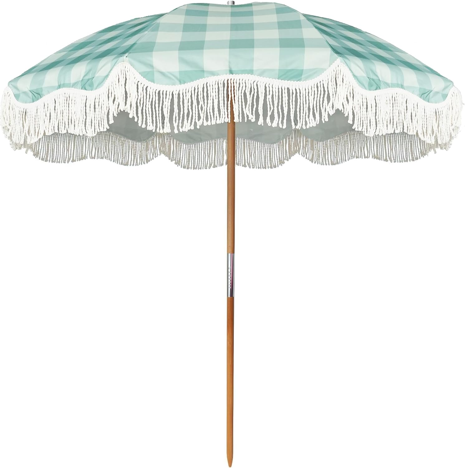 AMMSUN Beach Umbrella with Fringe, 6.5ft Boho Umbrella with Premium Wood Pole & Carry Bag, UPF 50+ Protection for Outdoor Holiday, Green Plaid