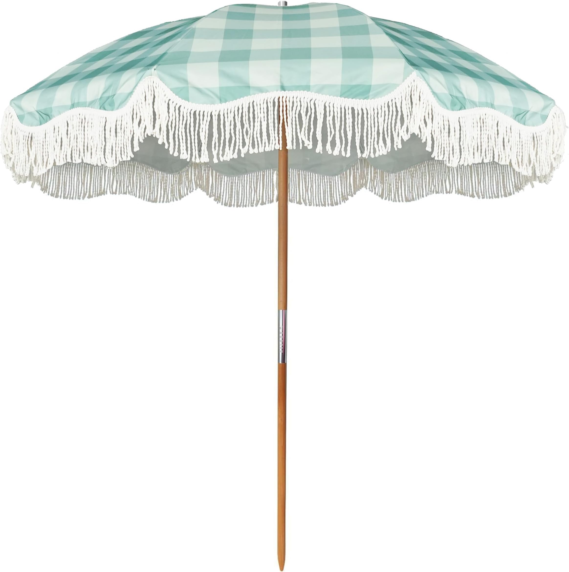 AMMSUN Beach Umbrella with Fringe, 6.5ft Boho Umbrella with Premium Wood Pole & Carry Bag, UPF 50+ Protection for Outdoor Holiday, Green Plaid
